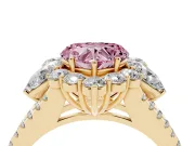 Fancy Pink Heart Cut Diamond Halo Split Shank Engagement Ring Set in Yellow gold with Prong-Held Center Stone