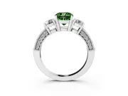 Fancy Green Cushion Cut Diamond Three-Stone Ring Set in Silver with Round Side Stones and Pavé Band