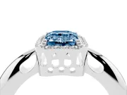 Fancy Blue Emerald Cut Diamond Halo Engagement Ring Set in Platinum with Plain Split Shank and Prong Setting