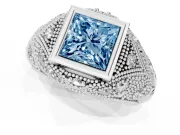 Fancy Blue Princess Cut Diamond Bezel Ring Set in White gold with Milgrain Accent Band