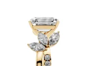 Emerald Cut Diamond Floral Vine Solitaire Engagement Ring Set in Yellow gold with Marquise Leaves