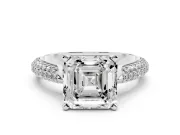 Asscher Cut Diamond Solitaire Engagement Ring Set in Silver with Multi-Row Round Pavé Band and Prong Setting