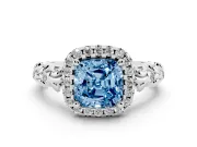 Cushion Cut Leaf Halo Engagement Ring Setting for a Fancy Blue Lab-Grown Diamond | Bezel Accents | White Gold