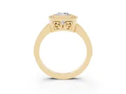 Cushion Cut Diamond Halo Ring Set in Yellow gold with Pavé Band and Milgrain-Edged Prongs