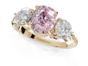 Cushion Cut Three Stone Engagement Ring Setting for a Fancy Pink Lab-Grown Diamond | Tapered Pave Band | Yellow Gold