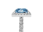 Fancy Blue Princess Cut Diamond Halo Pavé Solitaire Ring Set in White gold with Prong-Set Center Stone