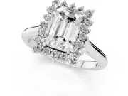 Emerald Cut Diamond Halo Ring Set in Silver with Plain Solitaire Band and Prong Setting