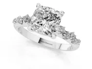 Cushion Cut Diamond Solitaire Vine Band Ring Set in Silver with Round Accents and Prong Setting