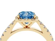 Fancy Blue Cushion Cut Diamond Halo Engagement Ring Set in Yellow gold with Pavé Band and Prong Setting