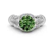 Fancy Green Round Cut Diamond Vintage-Inspired Milgrain Ring Set in Platinum with Accent Split Shank
