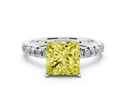 Fancy Yellow Princess Cut Diamond Solitaire Pavé Engagement Ring Set in Platinum with Round Band and Prong Setting