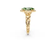 Fancy Green Marquise Cut Diamond Halo Ring Set in Yellow gold with Scrollwork Band and Prong Setting