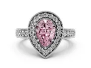Fancy Pink Pear Cut Diamond Halo Ring Set in Platinum with Round Accent Halo, Pavé Band and Prong Setting