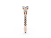 Cushion Cut Three Stone Pavé Engagement Ring Setting | Round Side Stones | Rose Gold