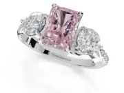 Radiant Cut Three Stone Engagement Ring Setting for a Fancy Pink Lab-Grown Diamond | Tapered Pave Band | Platinum