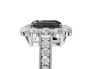Fancy Black Emerald Cut Lab-Grown Diamond Halo Pavé Engagement Ring Set in Sterling Silver with Milgrain Detailing