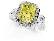 Fancy Yellow Radiant Cut Diamond Halo Ring Set in White gold with Scrollwork Band and Prong Setting
