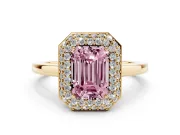 Fancy Pink Emerald Cut Diamond Halo Engagement Ring Set in Yellow gold with Solitaire Band and Prong Setting