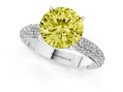 Fancy Yellow Round Cut Diamond Solitaire Ring Set in White gold with Prong Setting and Pavé-Set Band