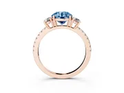 Fancy Blue Round Cut Diamond Three-Stone Ring Set in Rose gold with Pavé Band and Graduated Sides