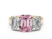 Emerald Cut Three Stone Engagement Ring Setting for a Fancy Pink Lab-Grown Diamond | Basket Prong Heads | Yellow Gold
