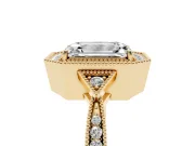 Emerald Cut Diamond Halo Engagement Ring Set in Yellow gold with Milgrain Pavé Band