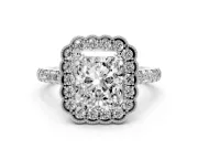 Radiant Cut Diamond Milgrain Floral Halo Engagement Ring Set in Platinum with Pavé Band