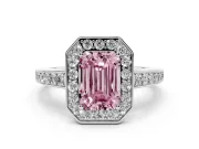 Fancy Pink Emerald Cut Diamond Halo Pavé Engagement Ring Set in White gold with Bezel Setting