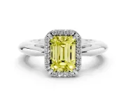 Fancy Yellow Emerald Cut Diamond Halo Engagement Ring Set in Silver with Plain Split Shank and Prong Setting