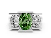 Fancy Green Oval Cut Diamond Three-Stone Channel Set Ring Set in Silver with Smooth Polished Band