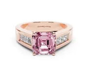 Fancy Pink Asscher Cut Diamond Solitaire Ring Set in Rose gold with Channel-Set Accent Stones and Prong Setting