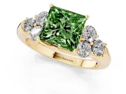Fancy Green Princess Cut Diamond Cluster Ring Set in Yellow gold with Round Accent Stones and Prong Setting on a Plain Band