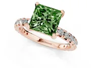 Fancy Green Princess Cut Diamond Pavé Solitaire Ring Set in Rose gold with Round Band and Prong Setting
