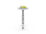 Fancy Yellow Cushion Cut Diamond Halo Milgrain Pavé Ring Set in White gold with Prong Setting