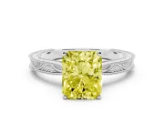 Fancy Yellow Radiant Cut Diamond Solitaire Milgrain Engraved Band Set in Platinum with Prong Setting