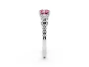 Fancy Pink Three-Stone Cushion Cut Diamond Pavé Band Ring Set in Platinum with Prong-Set Trio