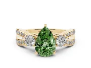 Fancy Green Three-Stone Pear Cut Diamond Twist Band Ring Set in Yellow gold with Pavé Accents and Prong Setting