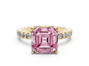 Fancy Pink Asscher Cut Diamond Pavé Band Solitaire Set in Yellow gold with Prong Setting