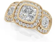 Cushion Cut Three Stone Halo Engagement Ring Setting | Bezel Set | Yellow Gold
