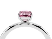 Fancy Pink Emerald Cut Diamond Solitaire Ring Set in White gold with Prong Setting on a Polished Plain Band