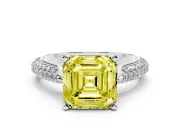 Fancy Yellow Asscher Cut Diamond Solitaire Engagement Ring Set in Silver with Multi-Row Round Pavé Band and Prong Setting