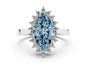 Fancy Blue Marquise Cut Diamond Halo Ring Set in Platinum with Round Halo and Smooth Solitaire Band