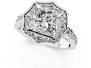 Princess Cut Vintage Scalloped Halo Engagement Ring Setting | Pave Band | White Gold