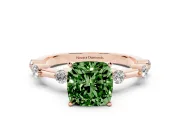 Fancy Green Cushion Cut Diamond Solitaire Ring Set in Rose gold with Bezel Set Side Stones and Prong Setting