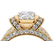 Cushion Cut Vintage Milgrain Pave Engagement Ring Setting | Crescent Side Rows | Yellow Gold
