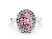 Fancy Pink Oval Cut Diamond Halo Solitaire Ring Set in Platinum with Pavé Band and Prong Setting