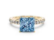 Princess Cut Pave Engagement Ring Setting for a Fancy Blue Lab-Grown Diamond | Shared Prong Band | Yellow Gold