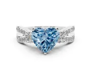 Fancy Blue Three-Stone Heart Cut Diamond Twist Band Ring Set in Platinum with Pavé Accents and Prong Setting