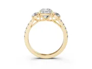 Cushion Cut Diamond Three-Stone Ring Set in Yellow gold with Round Side Stones and Delicate Pavé Band