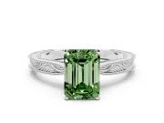 Fancy Green Emerald Cut Diamond Solitaire Milgrain Engraved Band Set in Silver with Prong Setting
